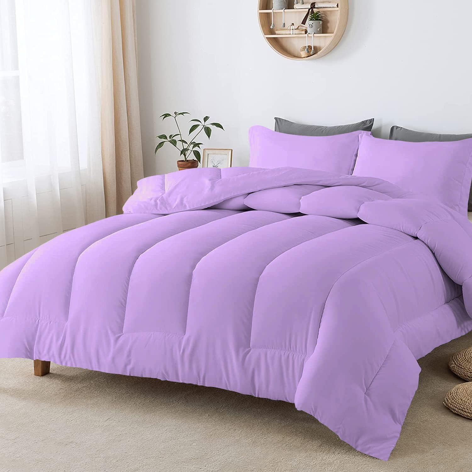 5 PC Straight Line Pattern Comforter Set Premium Super Soft 600 GSM All Season | 1000 Thread Count | 100% Egyptian Cotton ( Full/Queen Size, Lilac Color)