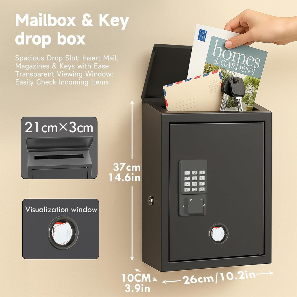 WeHere Mailbox with Electronic Lock, Wall Mount Locking MailBoxes for House, Metal Suggesion Box, Business Key Drop Box, OTP/Fixed Code/Key Unlock, Large Capacity, Black