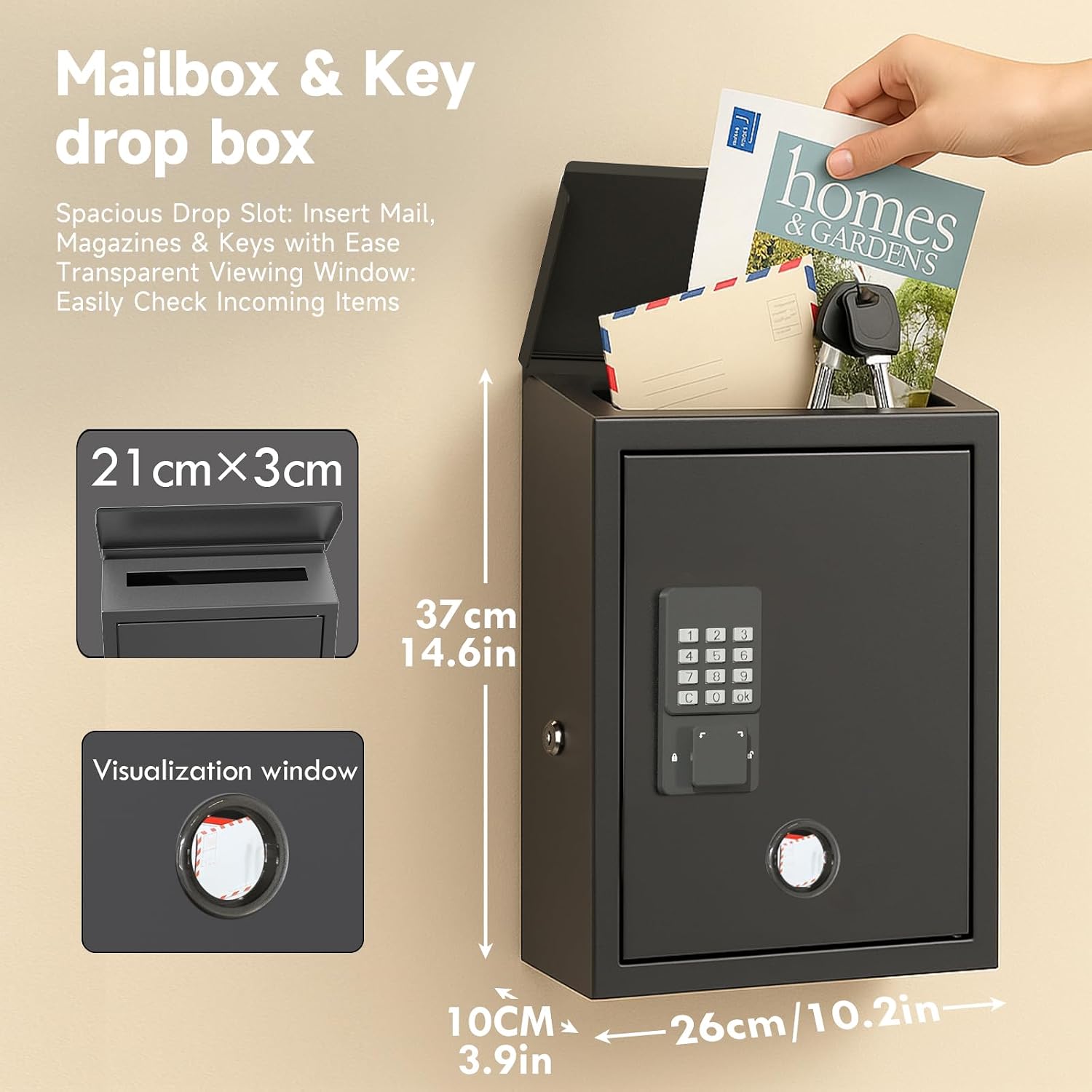 WeHere Mailbox with Electronic Lock, Wall Mount Locking MailBoxes for House, Metal Suggesion Box, Business Key Drop Box, OTP/Fixed Code/Key Unlock, Large Capacity, Black