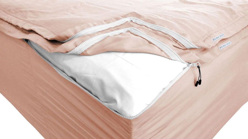 Luxury Zip On Fitted Sheet - Includes 1 Fitted Sheet Base & 2 Zip-On Sheets - Upto 16' in. Deep Pockets Queen Size Zipper Fitted Sheet - Easy to Change, Cotton 600 TC Fitted Sheet - Blush