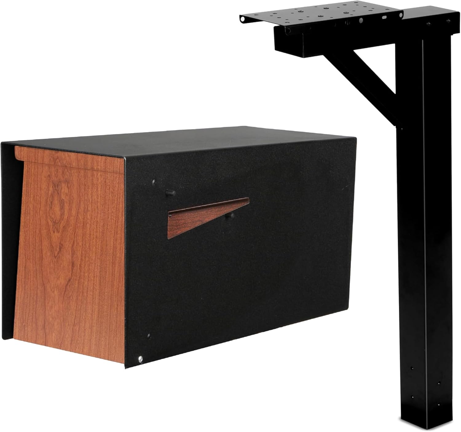 Ilyapa Modern Post Mount Mailbox Kit: Black Powder Coated Metal Mailbox w/Ash Wood Door & Waterproof Parcel Space + 43' Black Metal Mailbox Post with Universal Mounting Brackets