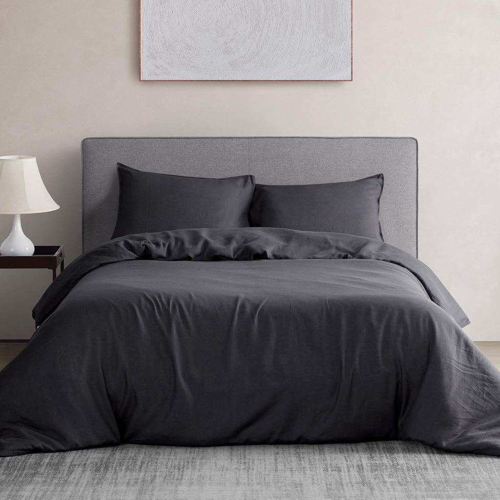 DAPU 100% Linen Duvet Cover Set - Pure Natural French Flax Linen with Corner Ties and Zipper Closure Soft Breathable Durable for Hot Sleepers 1 Duvet Cover 2 Pillowcases (Dark Gray, Full/Queen)