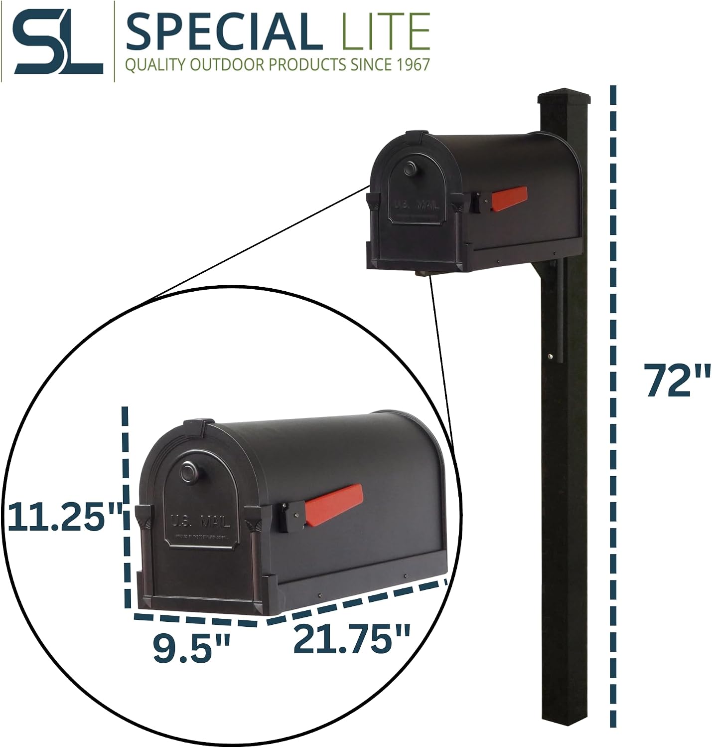Special Lite Savannah Curbside Mailbox with Wellington Post - Black Aluminum Mailbox with Post - SCS1014_SPK720-BLK