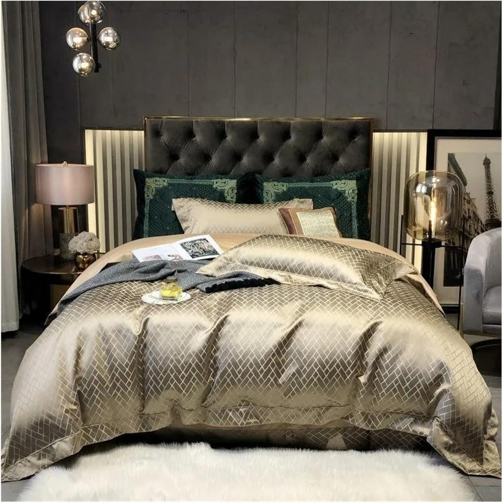 Luxury Black Gold Yarndyed Jacquard Egyptian Cotton Smooth Duvet Cover Queen King Bedding Set Flat Sheet Pillowcases, for All Seasons(Champagne Color,King)