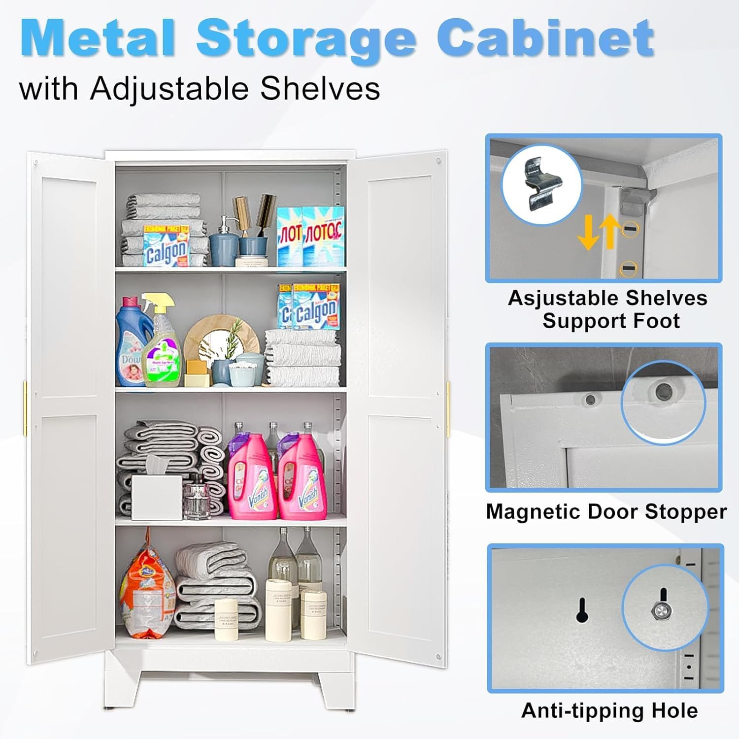 erosoei 61.02'H Pantry Storage Cabinet, Kitchen Storage Cabinets with Adjustable Feet and Shelves, Metal Pantry Cabinet for Kitchen, Living Room, Laundry Room and Dinning Room (2door-White)