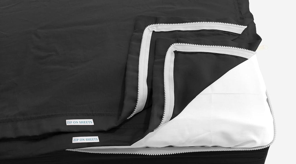 Zip On Sheets Queen Zipper Fitted Sheets 60X80 - Includes 2 Zip On Sheet & 1 Fitted Sheet Base - 8' to 16' Inch Deep Pocket Zipper Sheets - Faster & Easier Microfiber Queen Size - Black