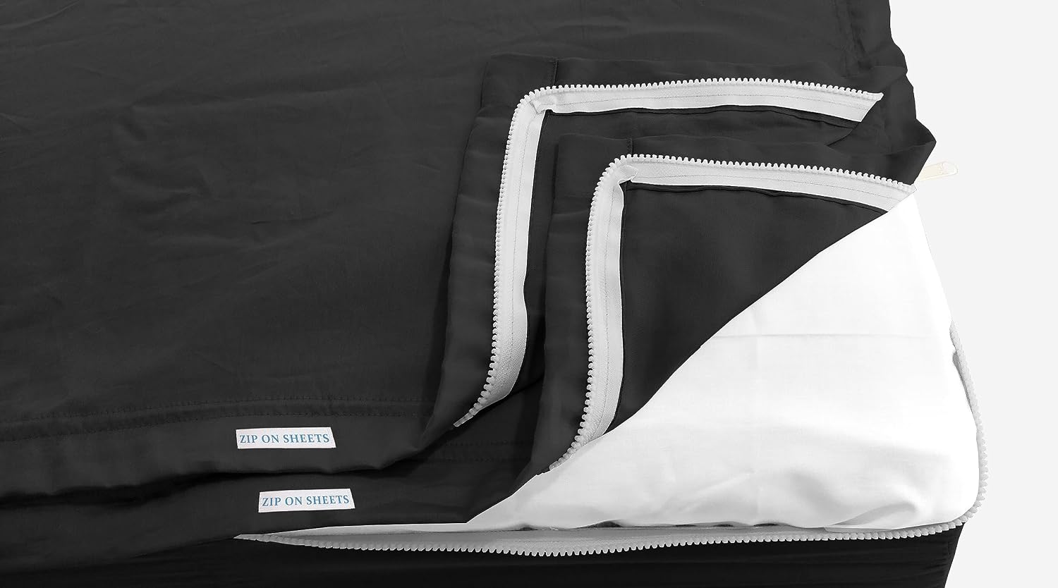 Zip On Sheets Queen Zipper Fitted Sheets 60X80 - Includes 2 Zip On Sheet & 1 Fitted Sheet Base - 8' to 16' Inch Deep Pocket Zipper Sheets - Faster & Easier Microfiber Queen Size - Black