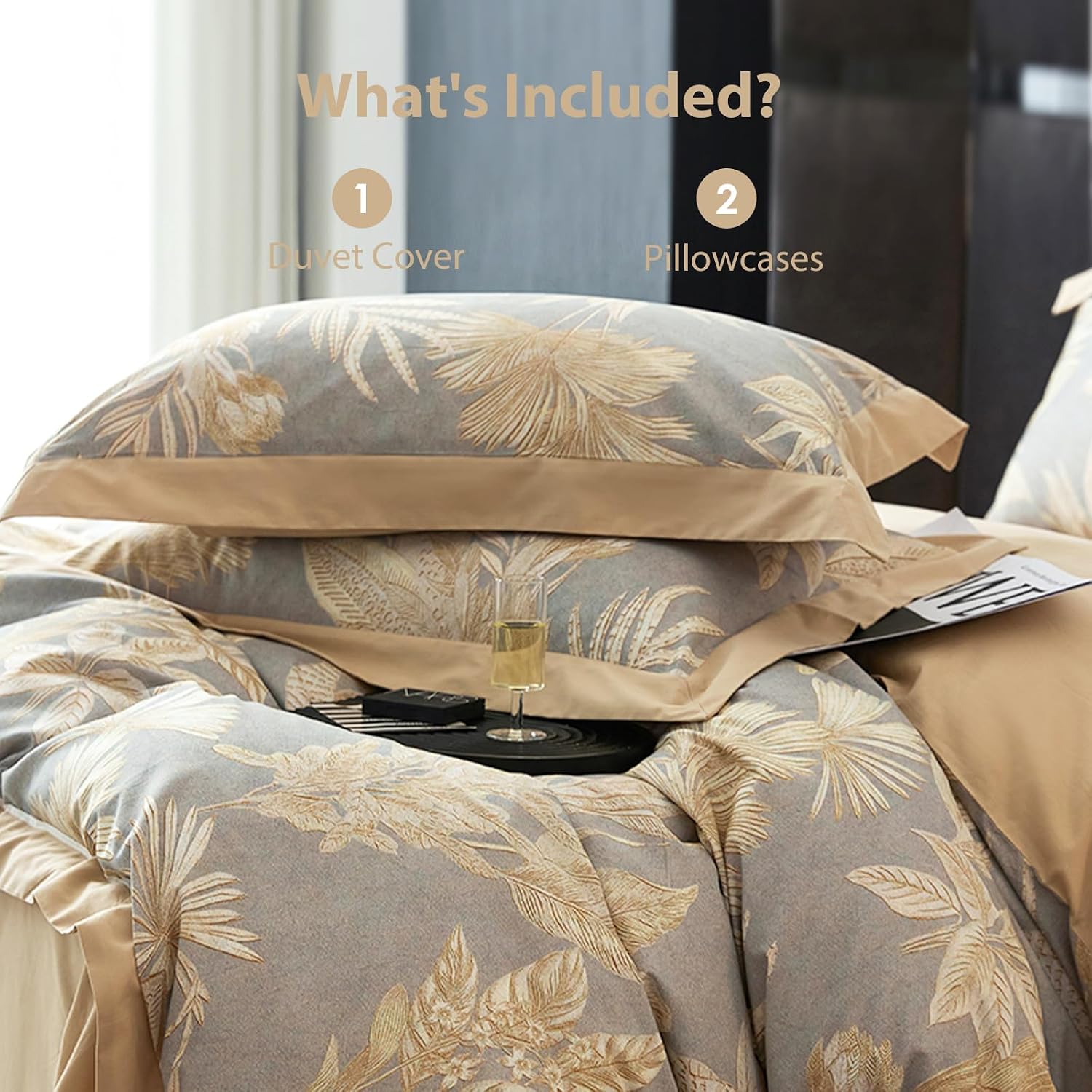 100% Cotton Duvet Cover Queen Size Set, Luxury Reversible Botanical Floral Patterned, Ultra Soft & Breathable Bedding for All Season Comfort, 3 Pieces (90'x90')