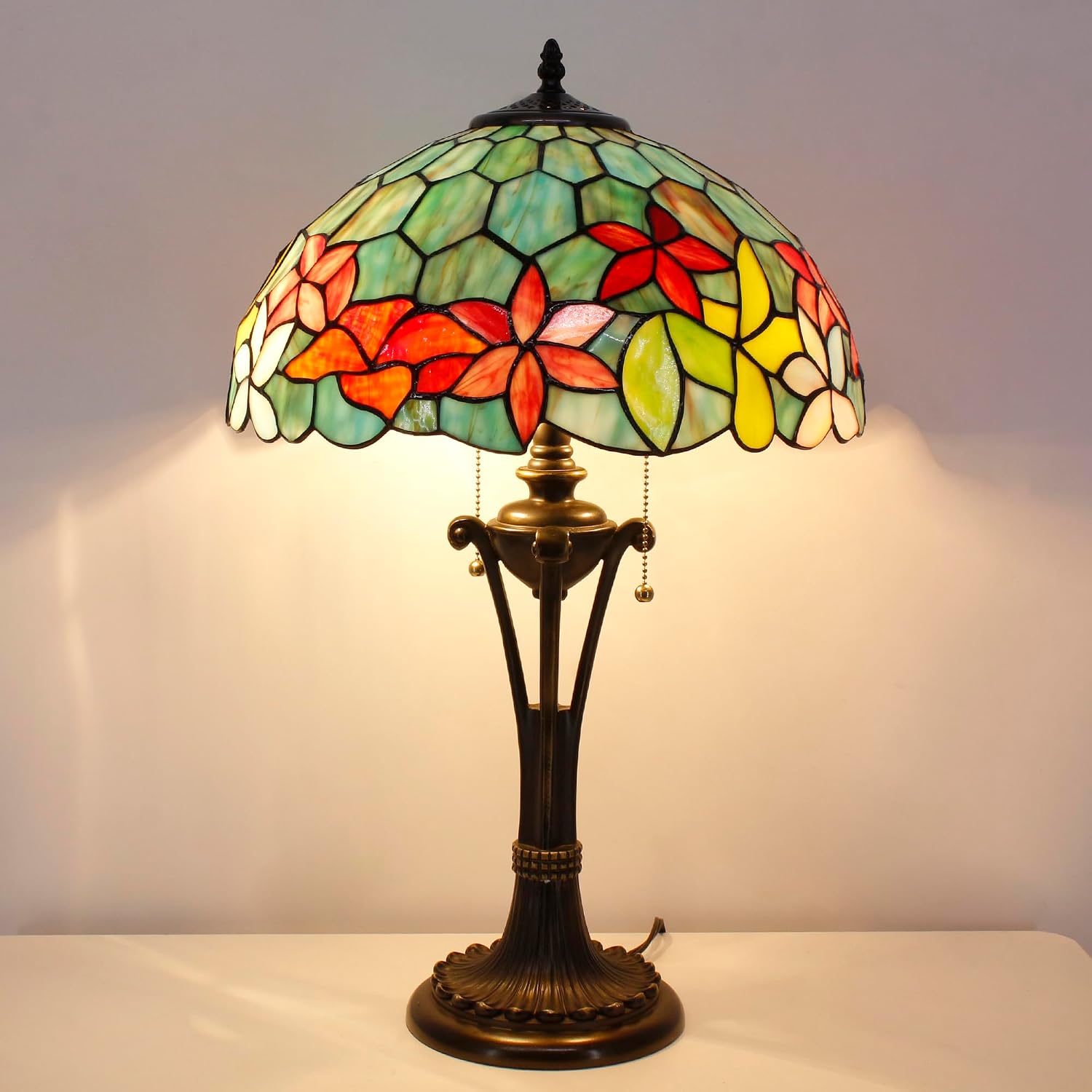 Tiffany Table Lamp Red Yellow Green Flowers Stained Glass Desk Lamp 16X16X24 Inches Reading Light