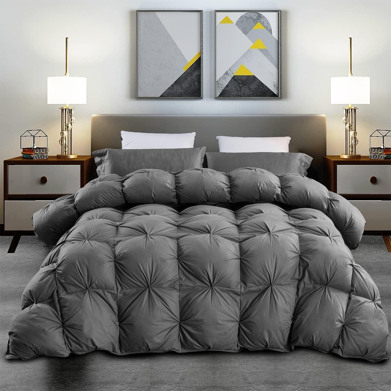 Luxurious Full/Queen Goose Down Comforter, Unique Gray Pinch Pleat, 600 Thread Count, 100% Egyptian Cotton Cover, 70 Oz Fill Weight, 750 Fill Power