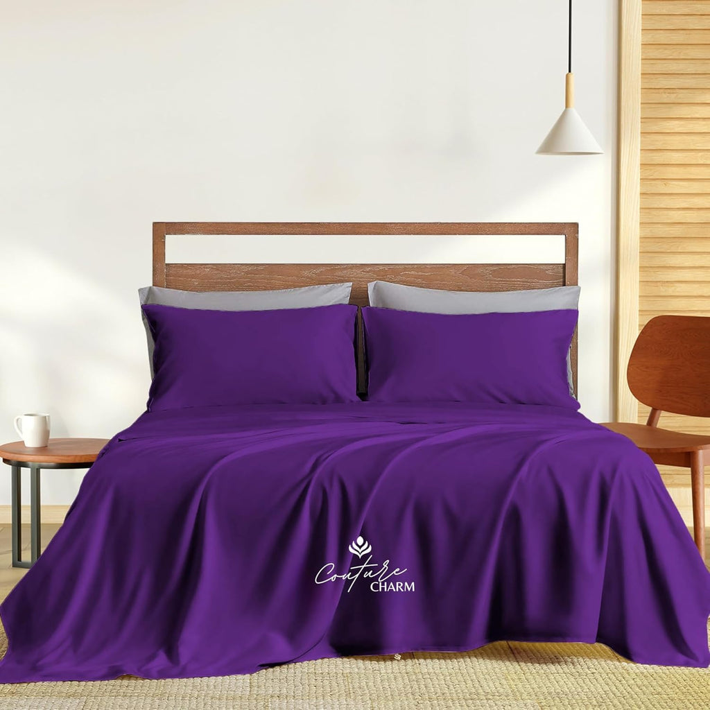Queen Size 1000 Thread Count 100% Egyptian Cotton Sheet Set, 4-Piece, Sateen Weave, with 10-12' Inches Deep Pocket Snug Fit (Solid, Purple)
