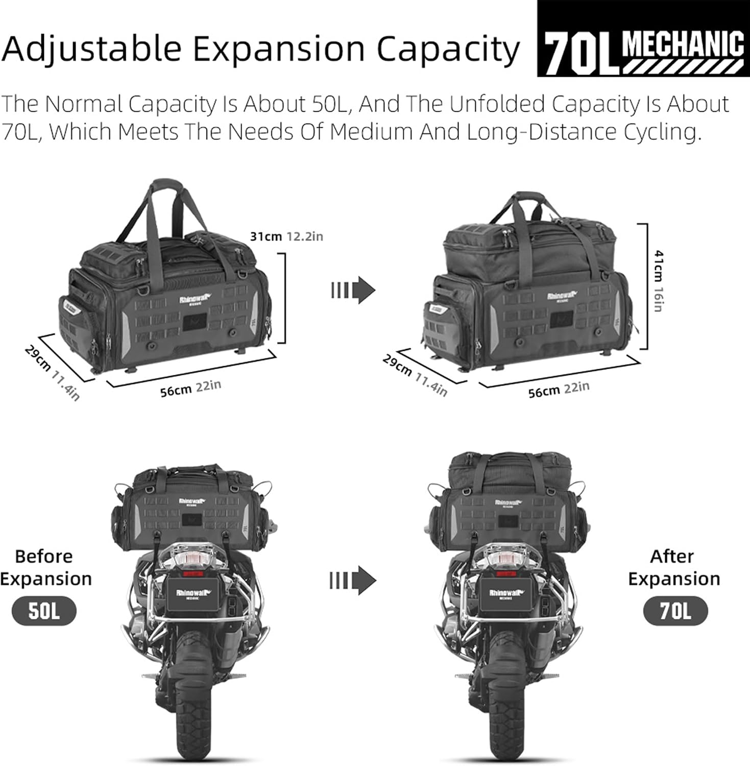 Rhinowalk Motorcycle Tail Bag - Expandable 50-70L Travel Luggage, Sport Saddle Bag, Waterproof Helmet Bag with Rain Cover, Backpack & Molle System-Black