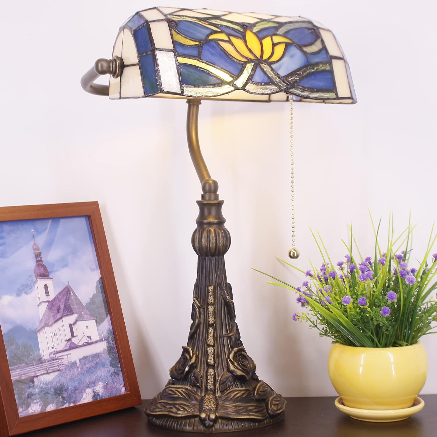 Tiffany Banker Lamp Small Stained Glass Table Lamp Tiffany Style Piano Light Blue Yellow Lotus Style Desk Lamp Angle Adjustable 10.6X15.7 Inch for Home Office Living Room Bedroom