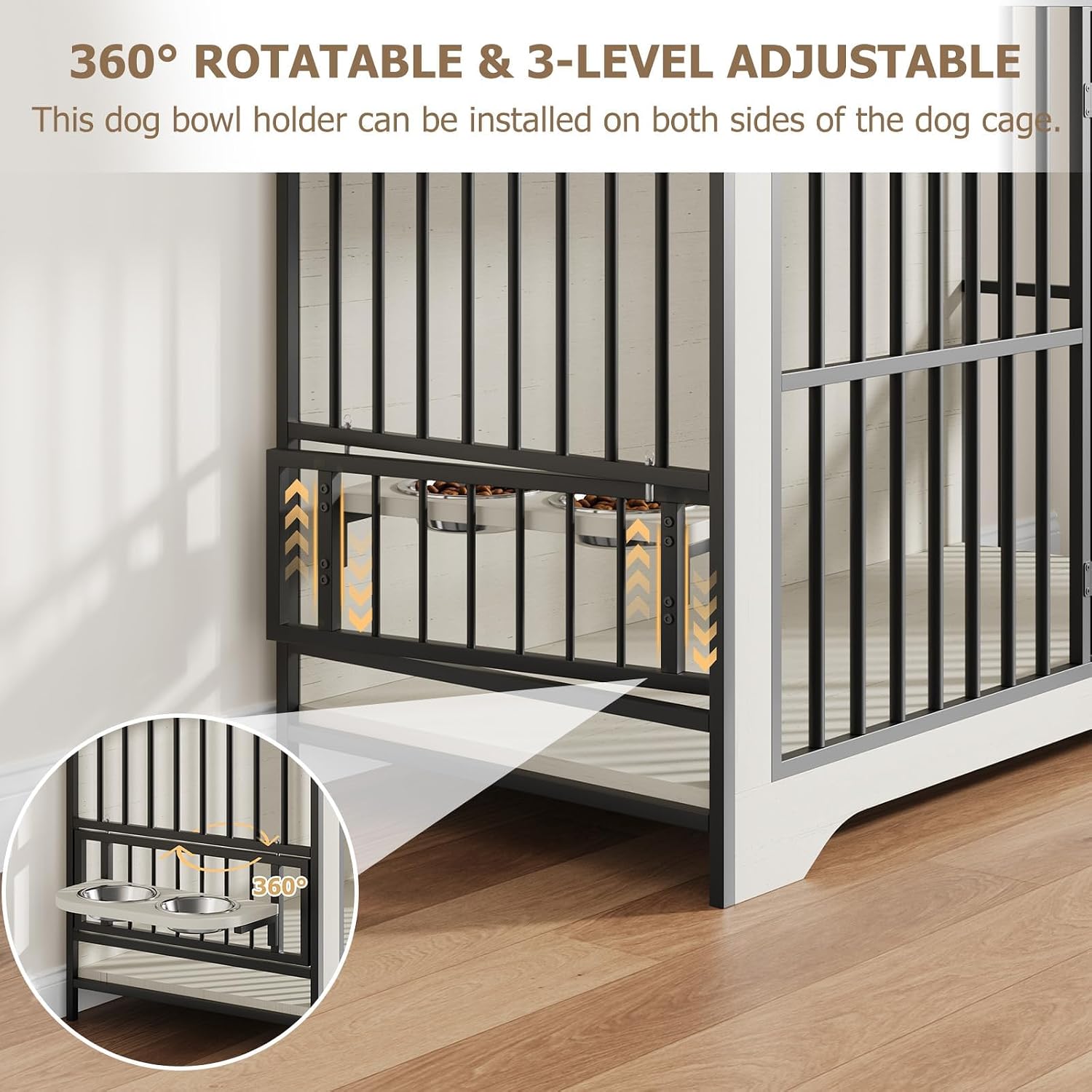 QUW 42' Modern Dog Crate Furniture, Wooden Dog Kennel for Medium to Large with 360° Rotating & 3-Levels Adjustable Height Dogs Bowl Holder, Decorative Dogs cage Pet House Indoor, Antique White