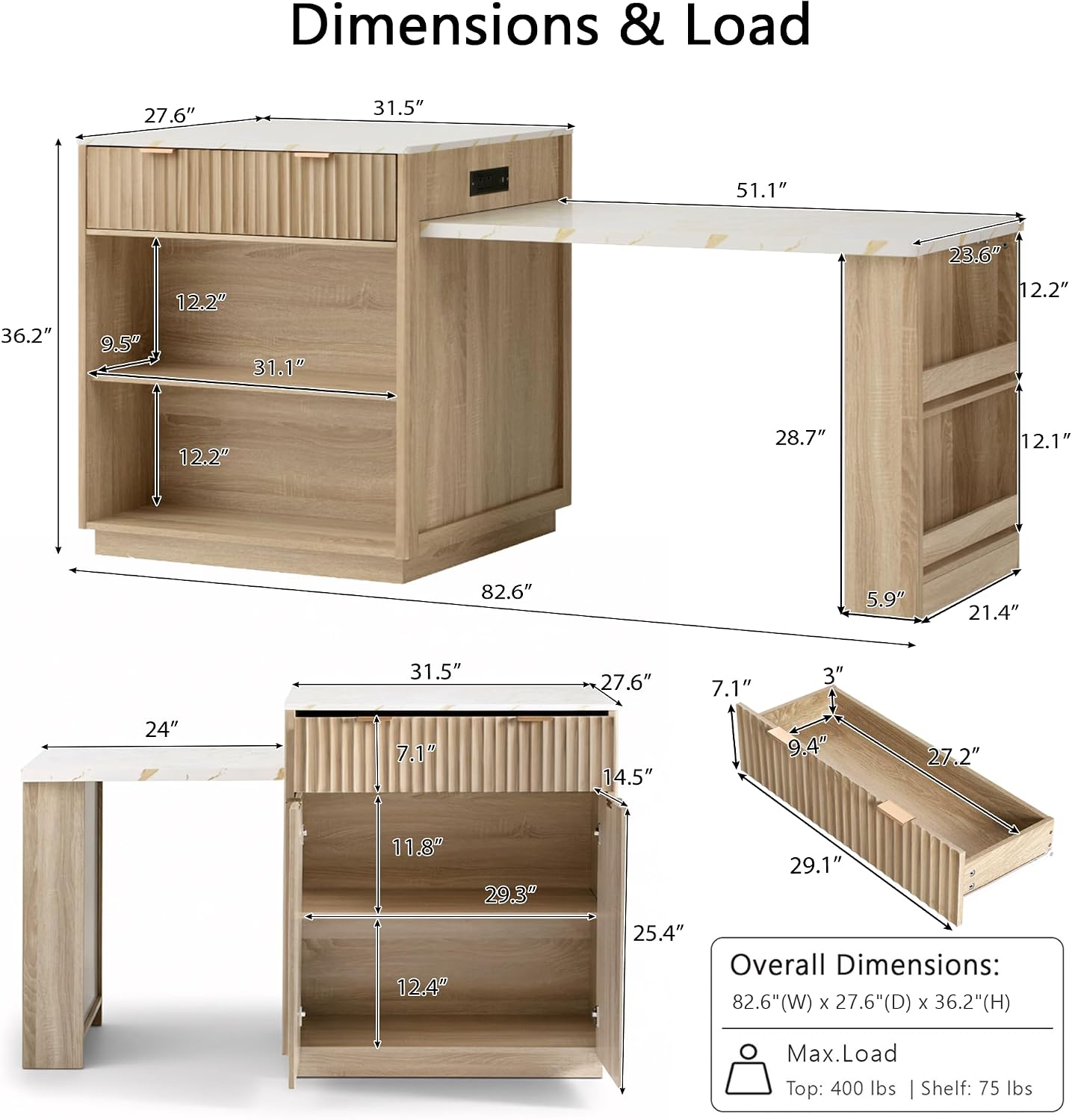 RUNNA 82.6' Fluted Kitchen Island with Extendable Dining Table for 4-6,Island Table for Kitchen with Power Outlet, Kitchen Table with Double-Side Storage, 2 Drawers 2 Side Open Shelves (Natural#18)