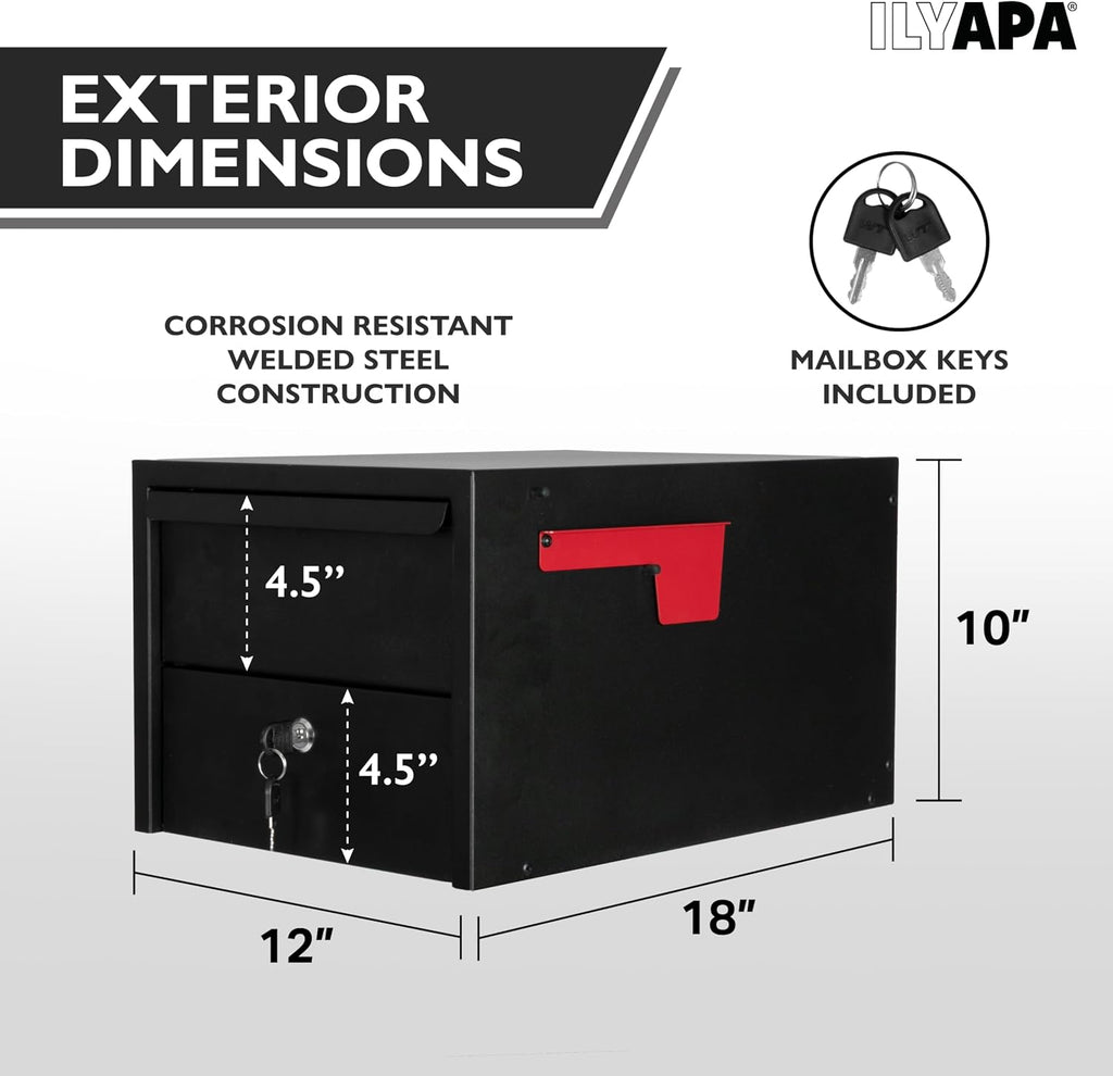 Ilyapa Locking Mailbox with Lock and Key Modern Mailboxes for Outside Post Mount - Black Powder Coated Steel, All Weather & Corrosion Resistant, Stainless Steel, Security