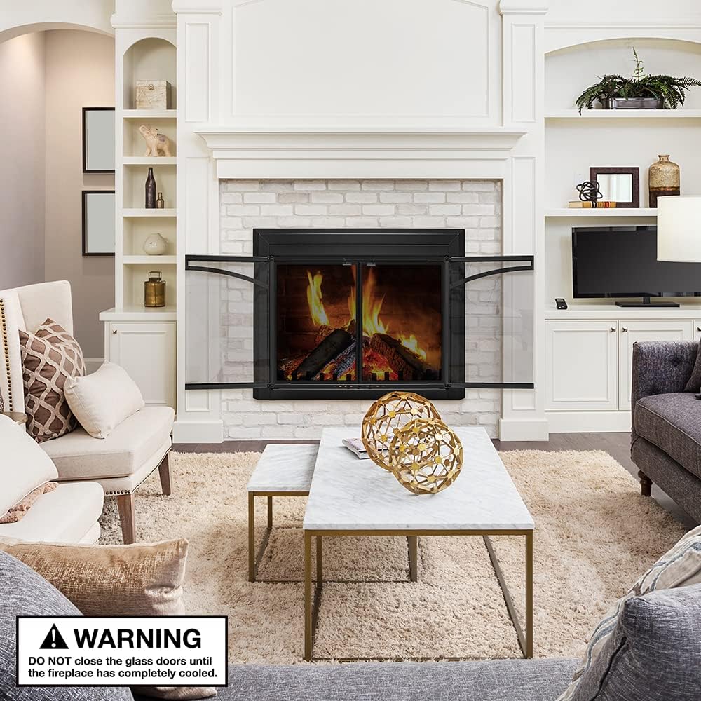 UniFlame - Gerri - Cabinet-Style Fireplace Doors with Smoke Tempered Glass (Color: Black, Size: Medium - Fits Opening 30in to 37in W x 25.5in to 32.5in H)