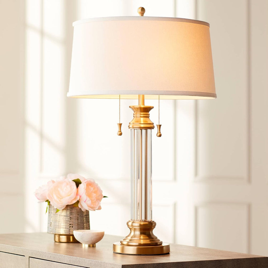 Vienna Full Spectrum Rolland Traditional Table Lamps 30' Tall Set of 2 Clear Glass Column Antique Brass Gold Off-White Fabric Drum Shade for Bedroom Living Family Room Bedside Nightstand House Home