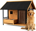 51'' Dog House with Dog Bowls Stand, Large Outdoor Dog House Kennel with Weatherproof Roof, Easy to Install Anti-Bite Design Dog Home for Outside Small Medium Large Dogs(Brown)