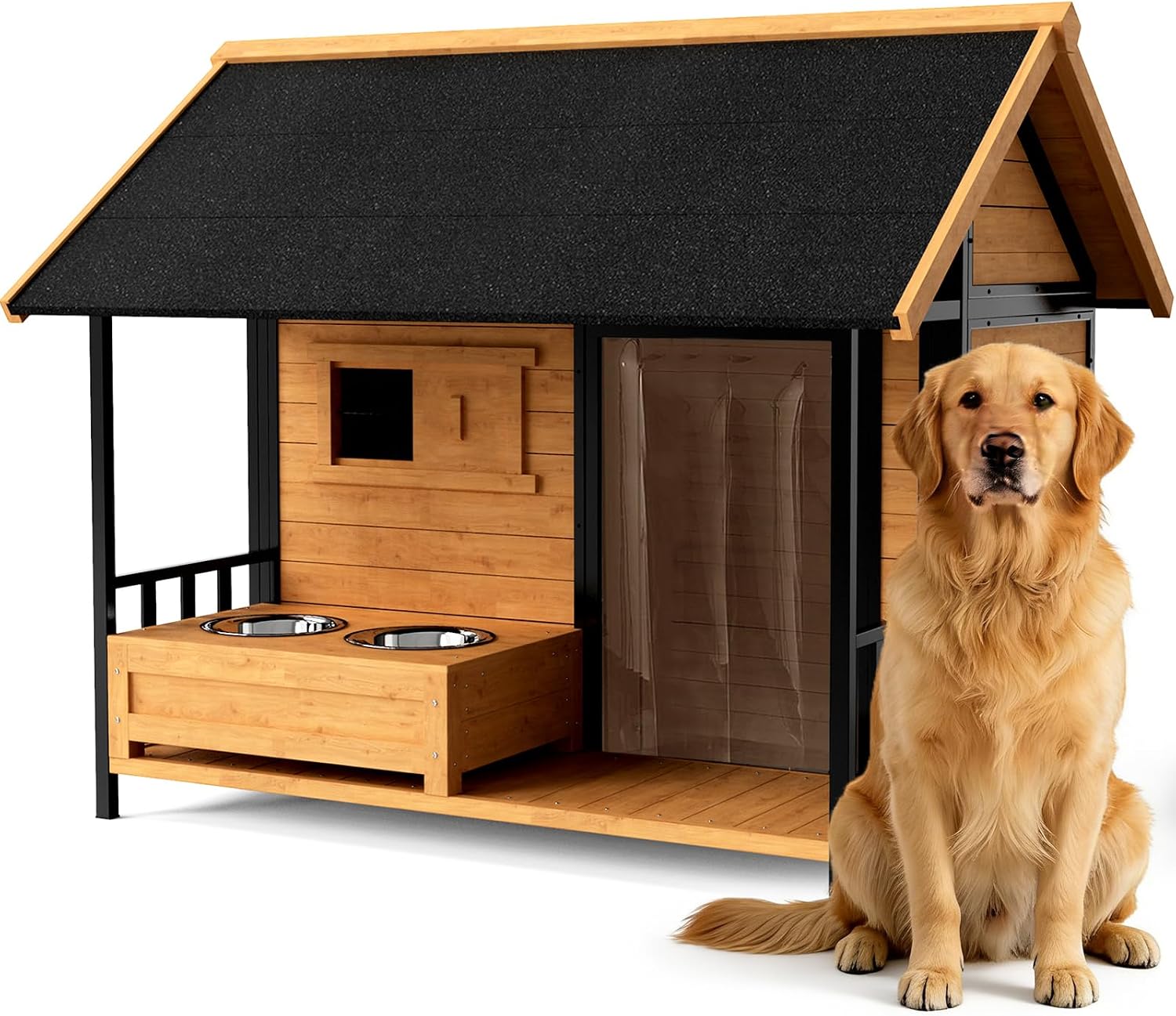 51'' Dog House with Dog Bowls Stand, Large Outdoor Dog House Kennel with Weatherproof Roof, Easy to Install Anti-Bite Design Dog Home for Outside Small Medium Large Dogs(Brown)