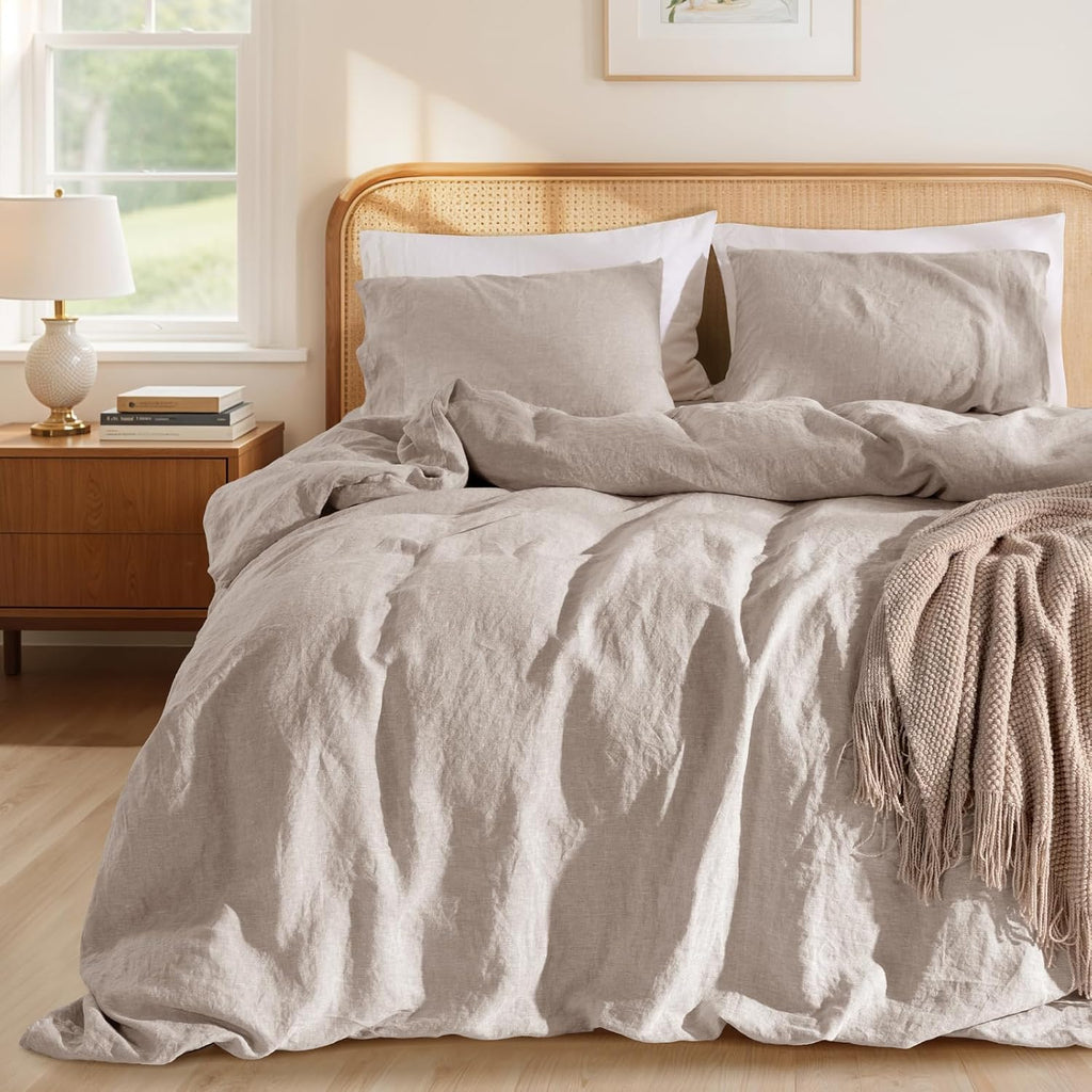 LBRO2M 100% France Linen Duvet Cover Set 3 Pcs Including 1 Flax Comforter Cover with Zipper Closure, 2 Pillowcase, Cozy Duvet Cover King Size, Linen Color