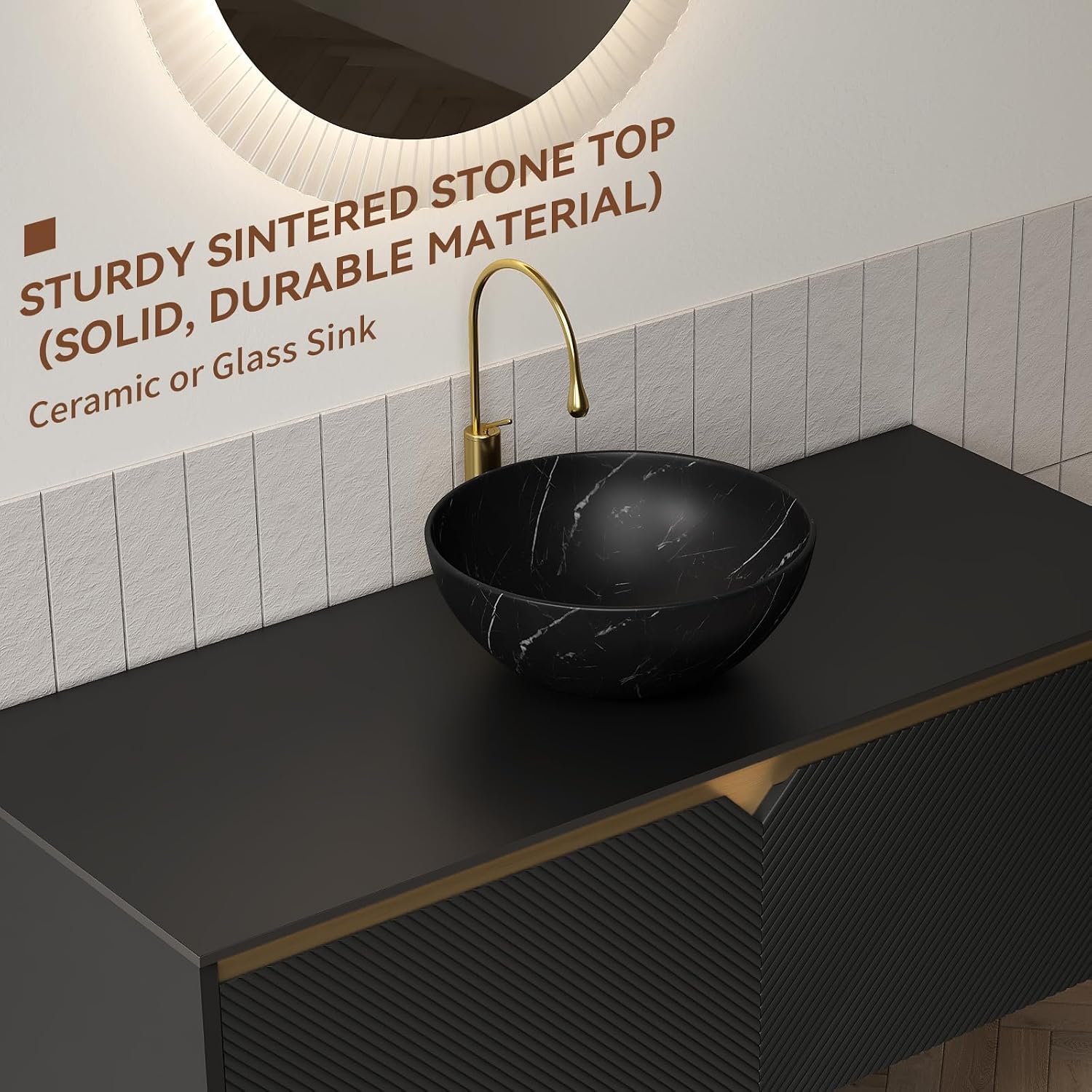 48 Inch Bathroom Vanity with Sink, Floating Fluted Vanity with Vessel Sink, Modern Wall Mounted Bathroom Vanity Cabinet with 2 Doors, Bowl Vessel Sink & Sintered Stone Top, Black