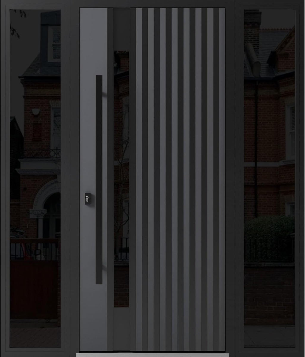 VDOMDOORS Front Exterior Prehung Steel Door/Ronex 0144 Grey / 2 Side Exterior Windows Sidelites/Entry Metal Modern Painted W12+36+12' x H80 Right Hand Inswing