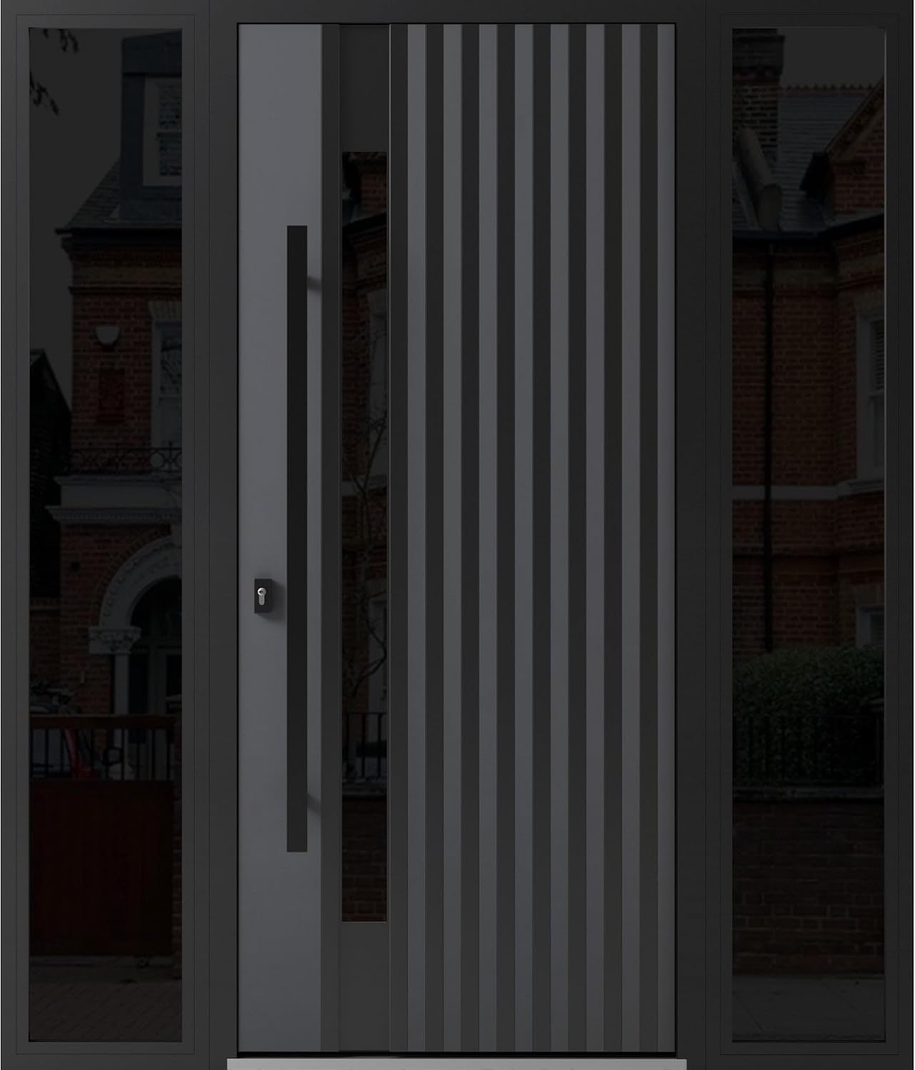 VDOMDOORS Front Exterior Prehung Steel Door/Ronex 0144 Grey / 2 Side Exterior Windows Sidelites/Entry Metal Modern Painted W12+36+12' x H80 Right Hand Inswing
