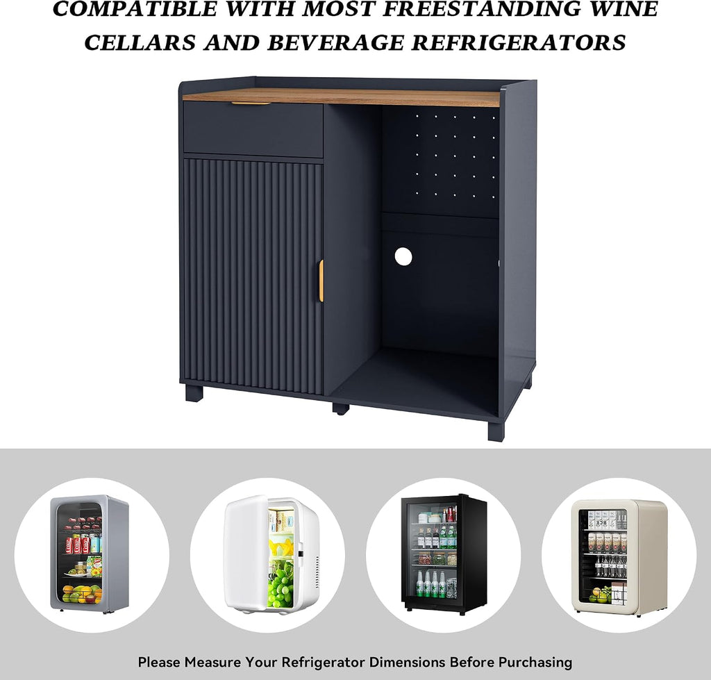 Coffee Bar Cabinet with Fridge Space&Fluted Door, Mini Fridge Cabinet with Wine Storage, Modern Sideboard Buffet Cabinet for Dining Room, Living Room, Kitchen, Blue
