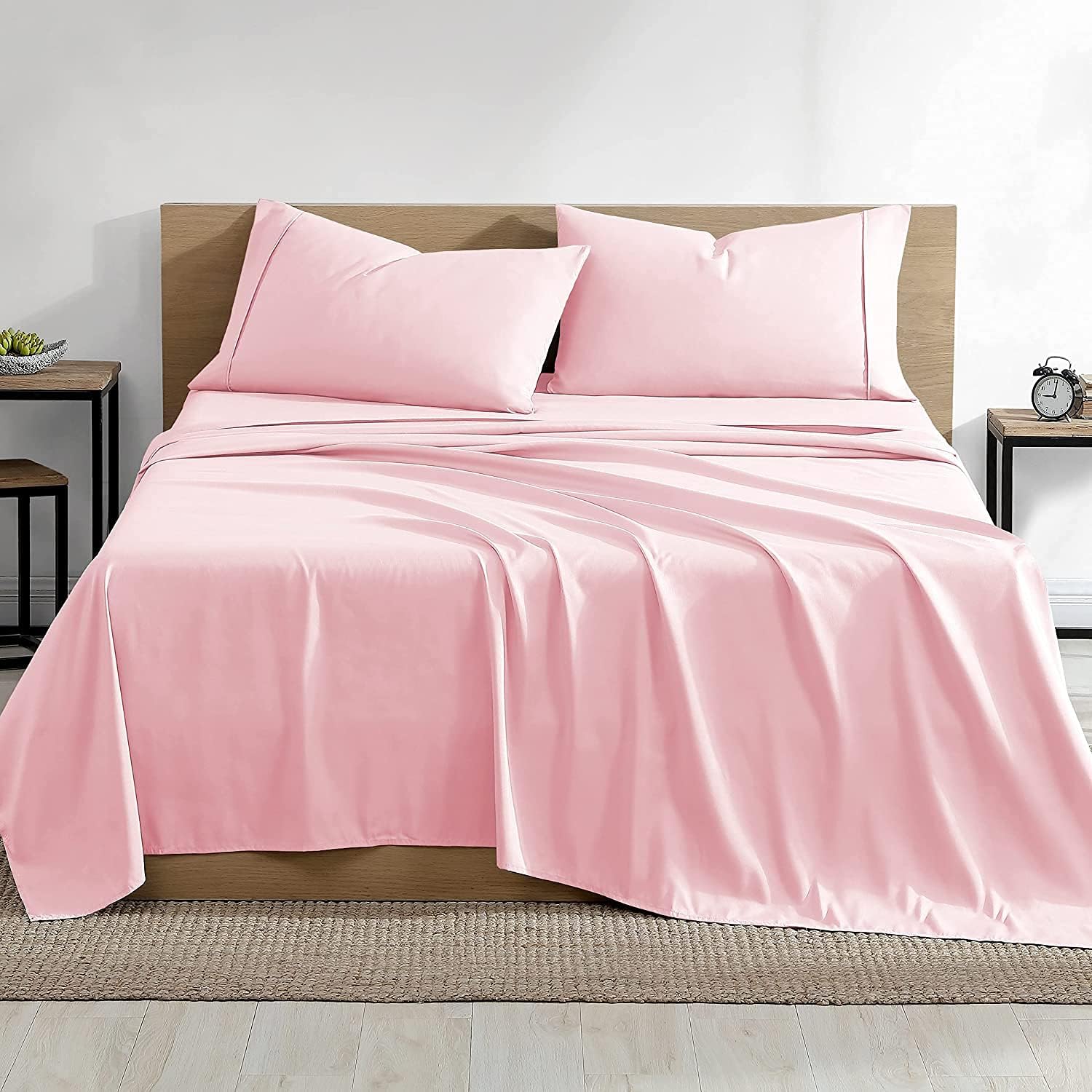 4 Piece Light Pink Bed Sheet Set 100% Egyptian Cotton Sheets Queen Size Premium 800 Thread Count Sateen Weave, Fits Mattress Upto 21'' Deep Pocket (1 Flat, 1 Fitted Sheets, 2 Pillow Cases)