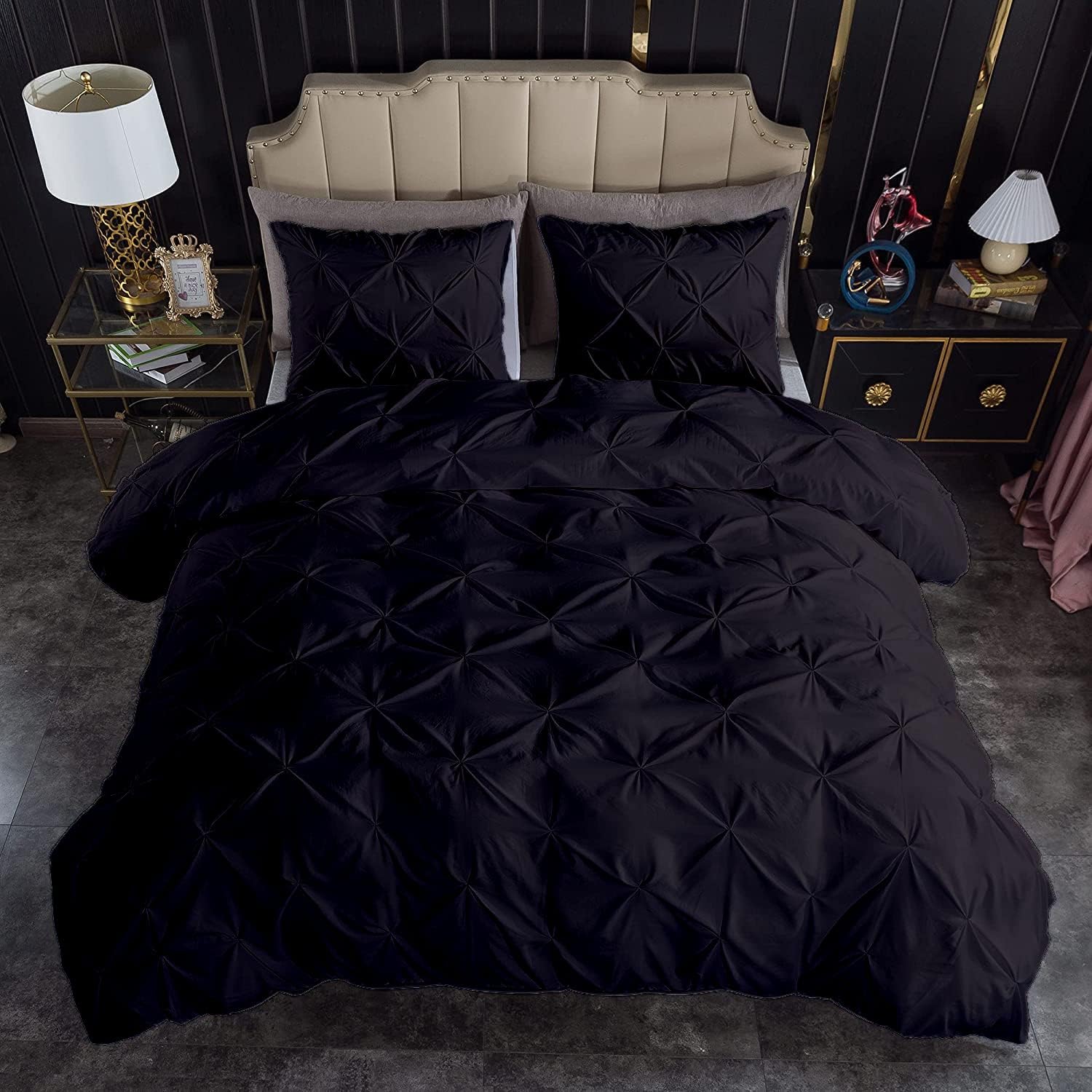 Pinch Pleated 3pc Duvet Cover Set 100% Egyptian Cotton 1000-TC Zipper & Corner Ties Rectangle Pattern Decorative Pintuck (All Queen 90x90 Size, Black)