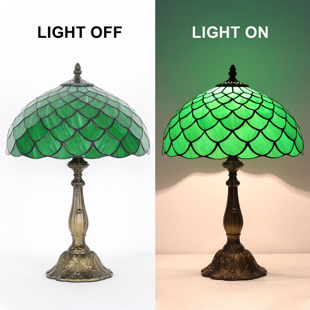 Stained Glass Table Lamp,Vintage Green Fish Scale Lamp,12X12X19 Inch Reading Light,Antique Glass Desk Decor Lamp.