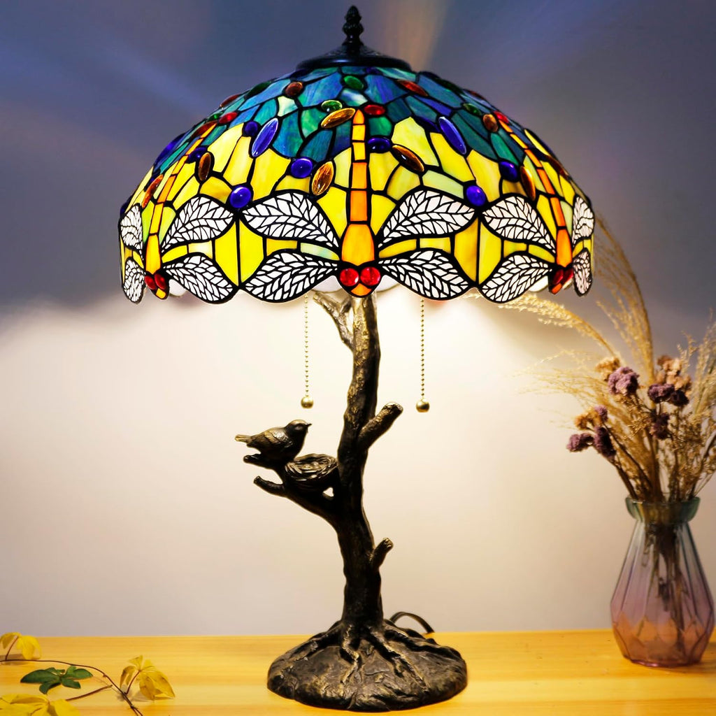 Large Tiffany Lamp Shade Replacement Only 16Inch Stained Glass Lampshade Fit For Table Lamps FLoor Lamp Ceiling Fixture Pendant Hanging Light Home Office Decoration (Blue Yellow Dragonfly)