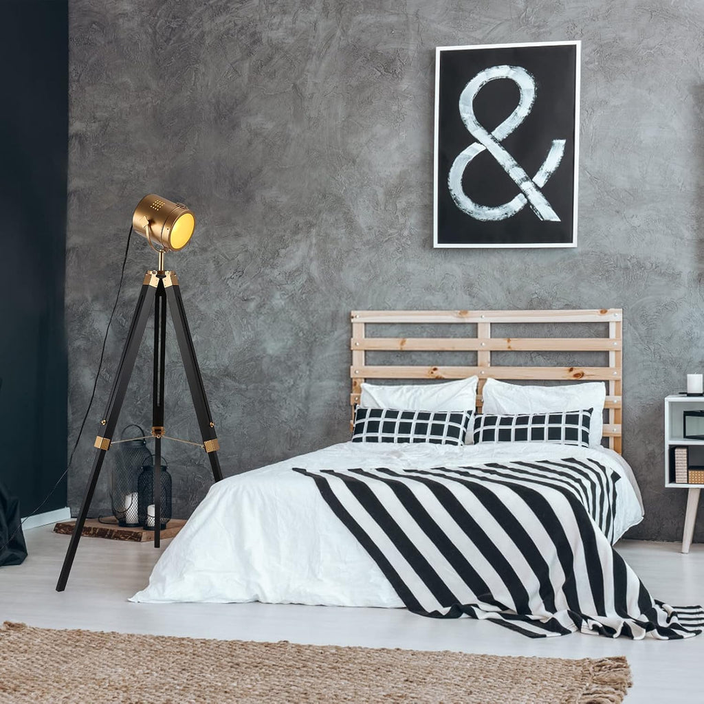 Mordern industrial tripod floor lamp for living room, bedroom office, vintage gold brass standing reading light floor lamp with camera tripod wood, rotatable nautical spotlight standing lamp black