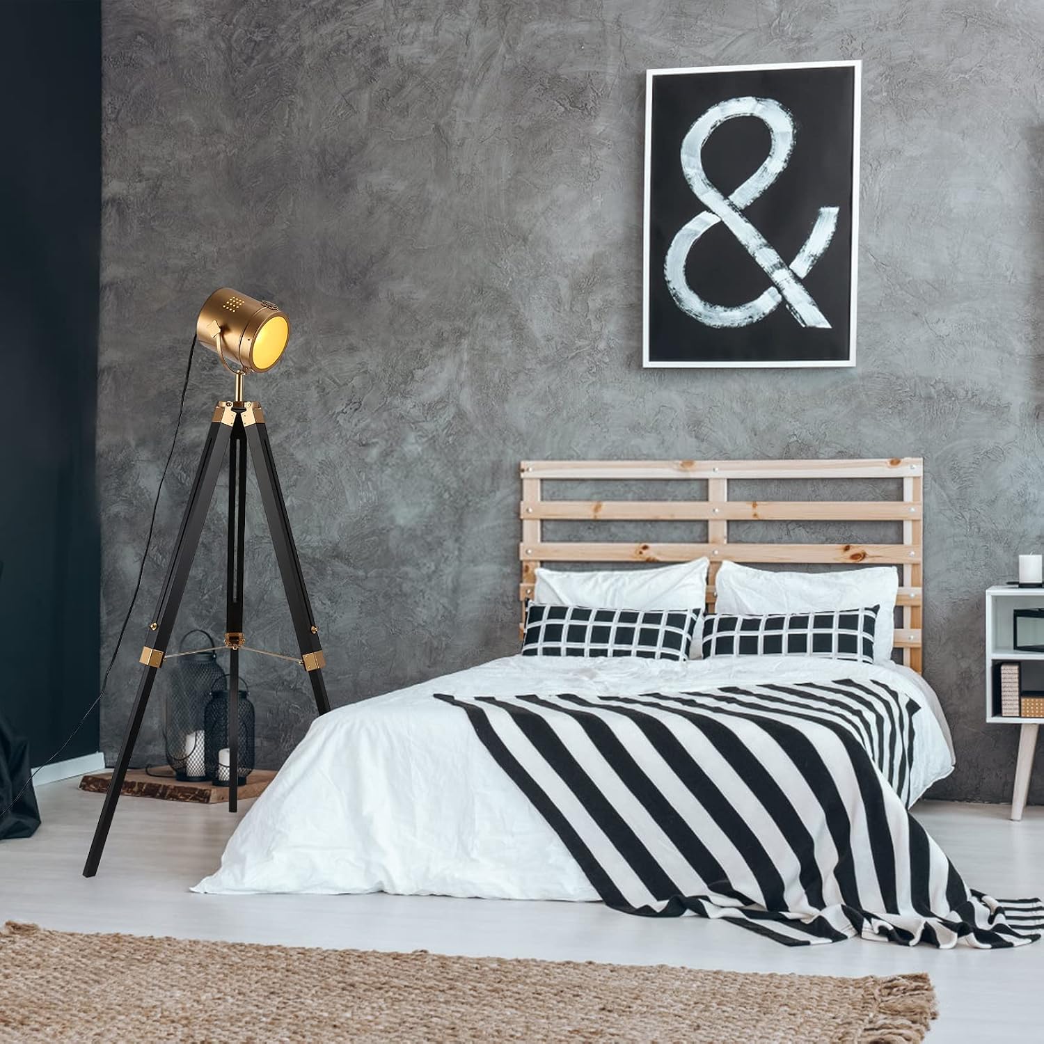 Mordern industrial tripod floor lamp for living room, bedroom office, vintage gold brass standing reading light floor lamp with camera tripod wood, rotatable nautical spotlight standing lamp black