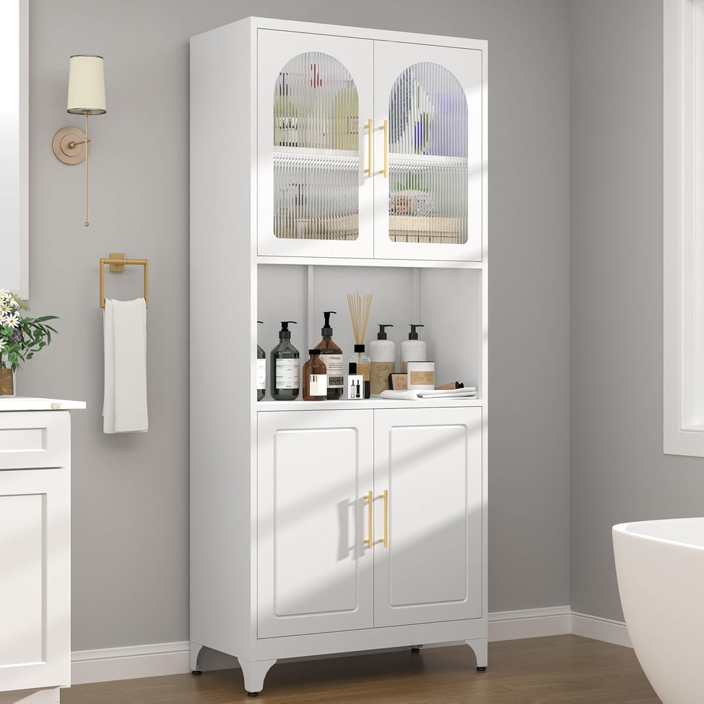75' Metal Kitchen Pantry Storage Cabinet,Kitchen Hutch Food Pantry Cabinet with Microwave Stand,Freestanding Larder Cupboard with Doors and Adjustable Shelves for Living Room