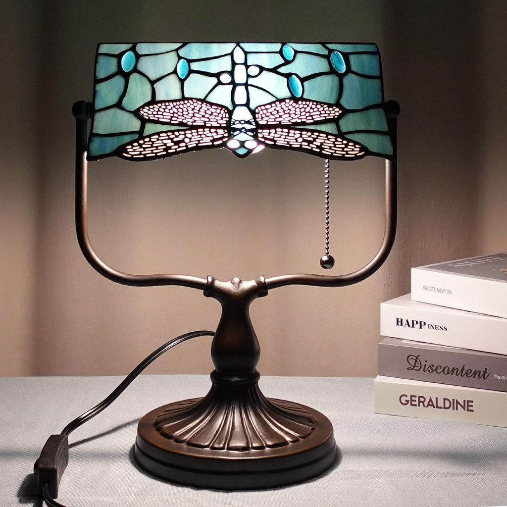 TL0030 Dragonfly Tiffany Banker Desk Lamp Stained Glass Green Shade with Vintage Bronze Base W10.25 X OH13 Inches, Art Nouveau Lamp for Home Office,LED Bulb Included (Dragonfly)