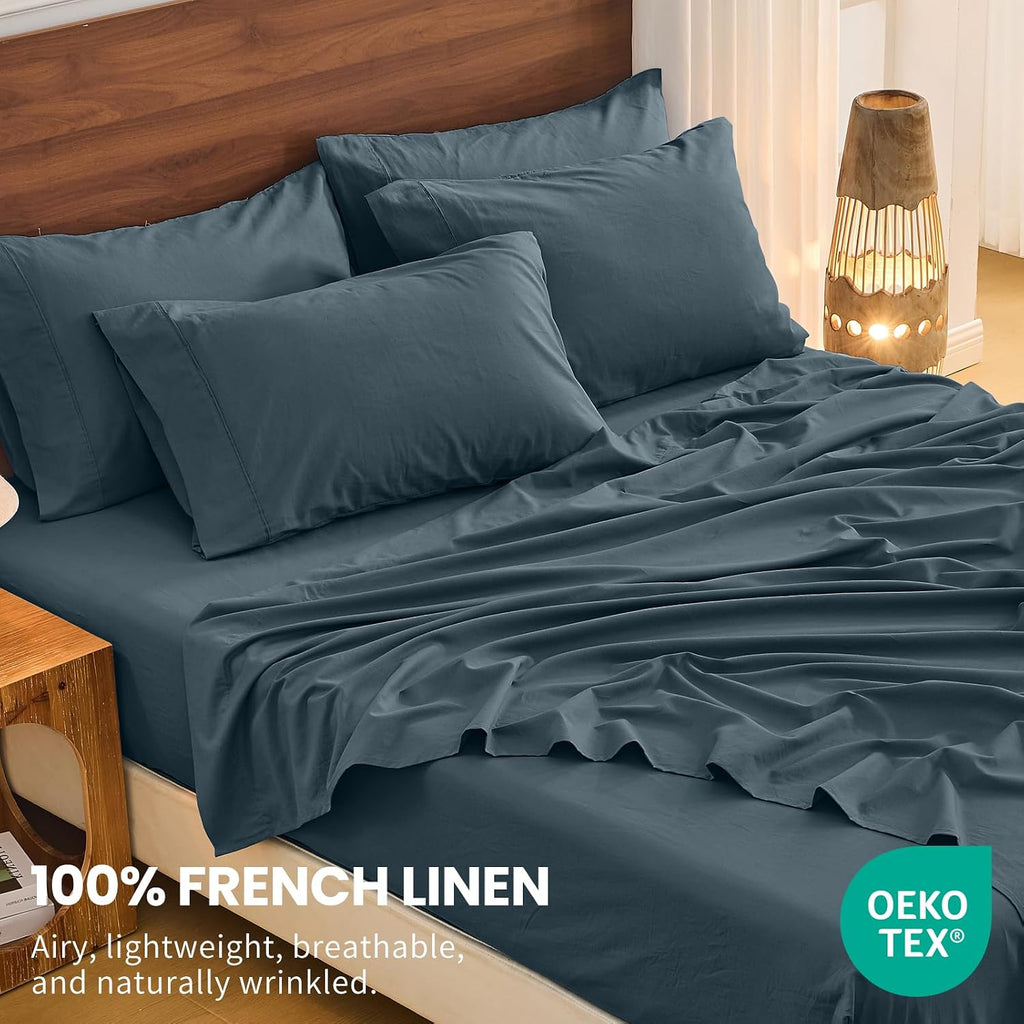 Bedlifes 100% French Linen Sheets Queen Size 18-24'Extra Deep Pocket 4-Piece Set Breathable & Moisture-Wicking,Soft & Durable Sheets for Thick Mattresses(Cool Gray)