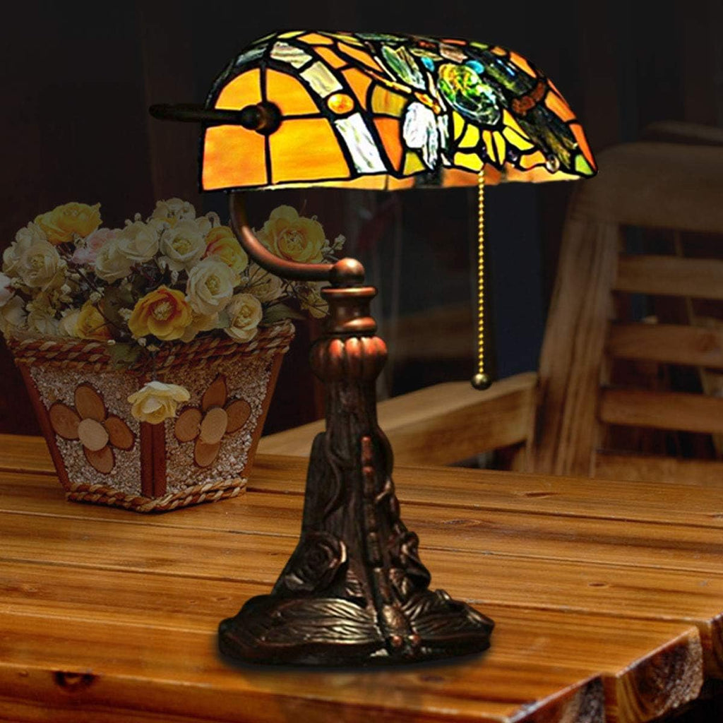 Tiffany Lamp Stained Glass Table Lamp for Living Room Side Dragonfly Piano Lamp Small 15.5' Tall Bedroom Bedside Table Lamp Chain Switch Banker's Home Office Desk Light Farmhouse Lamps