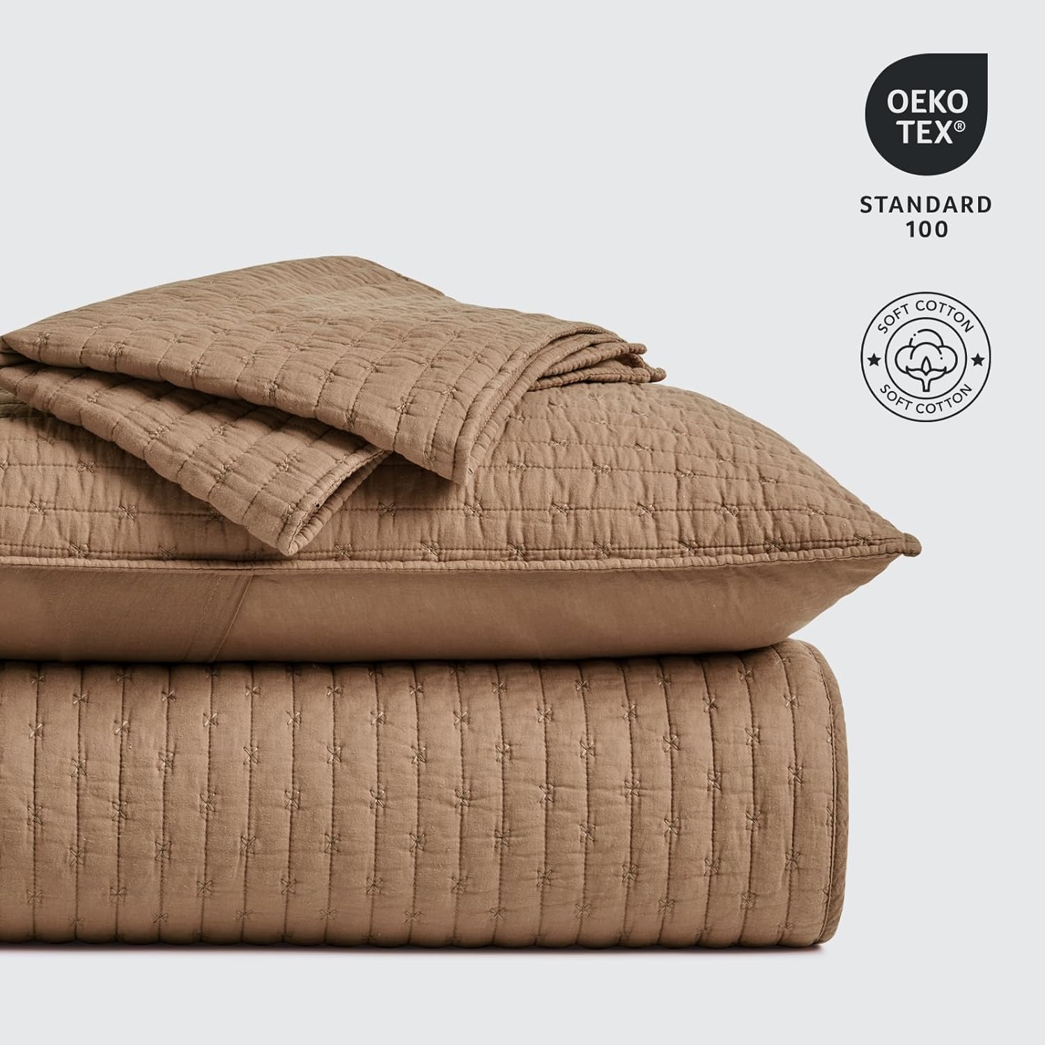 EVERGRACE Cross Stitch Pre-Washed Cotton Quilt Bedding Set King Size, Oversized 3 Pieces Lightweight Bedspread Coverlet for All Season, with 2 Matching Shams, Camel Brown,108'x96'