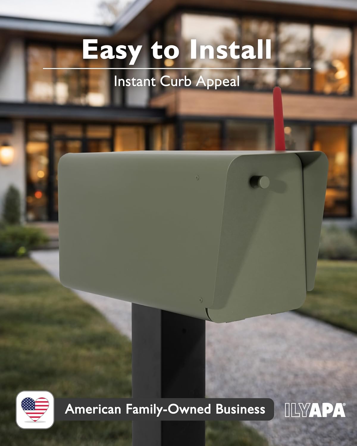 Ilyapa Green Mid Century Modern Mailbox & 43' Heavy Duty Black Metal Post Mount Sleeve Bundle - Outdoor Mail Box for Curbside Delivery