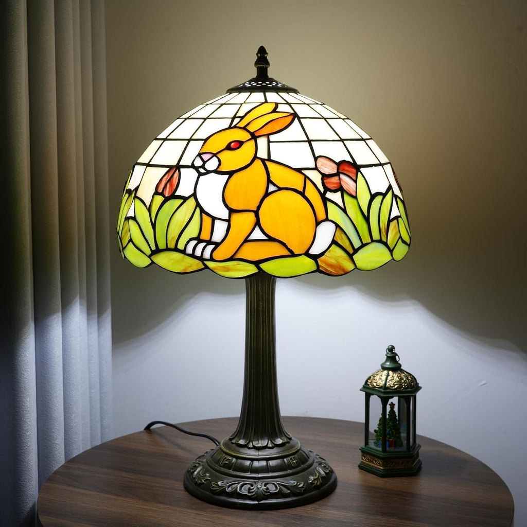 Tiffany Style Lamp with Cat Rabbit Stained Glass Lamp 12 Inch Retro Bronze Base Bedside Lamp Bedroom Living Room, Cafe，Restaurant Art Nouveau Style Decorative Child Interest Ambient Light