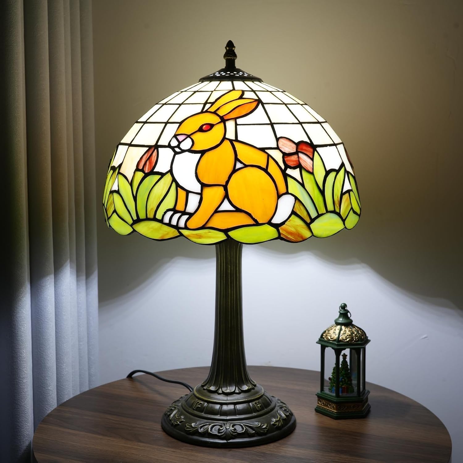 Tiffany Style Lamp with Cat Rabbit Stained Glass Lamp 12 Inch Retro Bronze Base Bedside Lamp Bedroom Living Room, Cafe，Restaurant Art Nouveau Style Decorative Child Interest Ambient Light