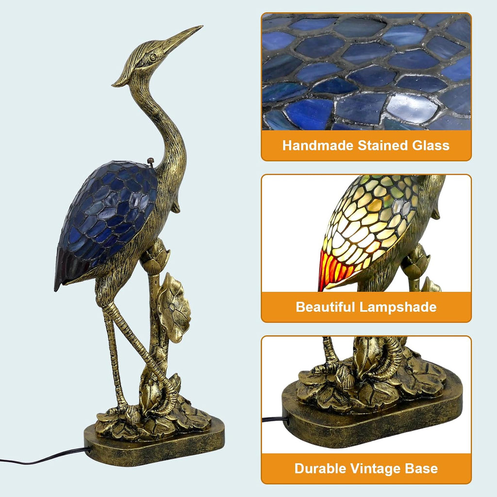 Tiffany Lamp Blue Stained Glass Crane Bird Style Table Lamp Desk Light 23.6 Inch Tall Vintage Tiffany Table Lamp for Bedroom Living Room Home Office, Color Changing LED Bulb Included