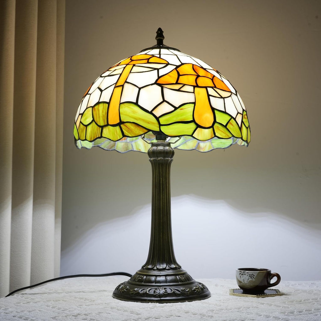 Tiffany Style Table Lamp with Brown Mushrooms Stained Glass Lamp 12 Inch Retro Bronze Base Bedside Lamp Living Rooms, Offices, Stores. Village Life Style Decorative Ambient Light Bedside Lamp