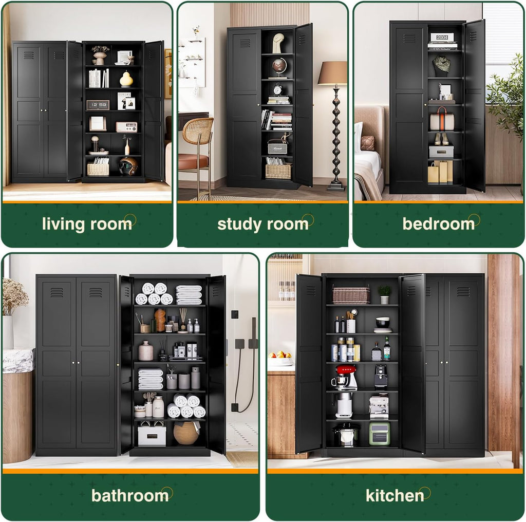 Letaya Black Storage Cabinet with Adjustable Shelves-Metal Home Kitchen Pantry Cabinets with Doors,Organization Locker for Cupboard/Bedroom/Dining/Living/Bathroom/Office/Garage Room