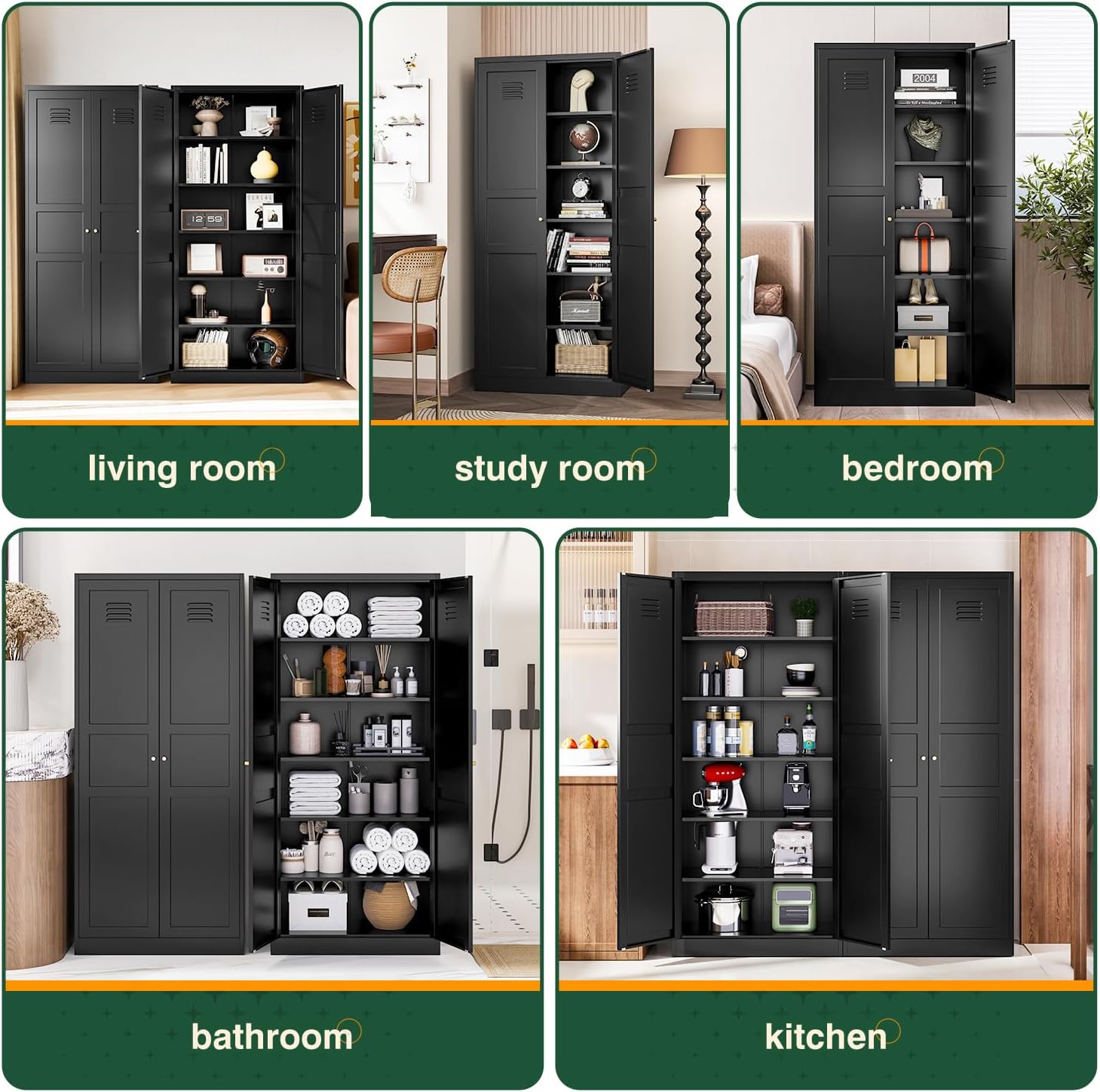 Letaya Black Storage Cabinet with Adjustable Shelves-Metal Home Kitchen Pantry Cabinets with Doors,Organization Locker for Cupboard/Bedroom/Dining/Living/Bathroom/Office/Garage Room