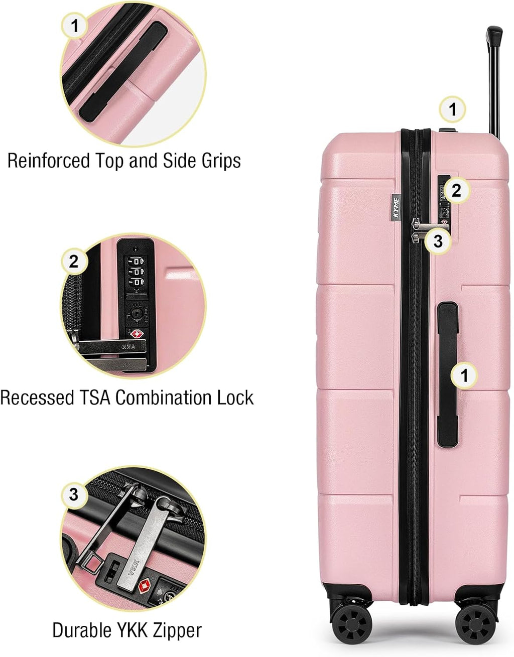 KYME Luggage Sets 3 Piece Hardshell 20'/24'/28' Suitcase with Wheels Hardside Suitcase Set with TSA Lock Large Travel Luggage Set for Women Pink