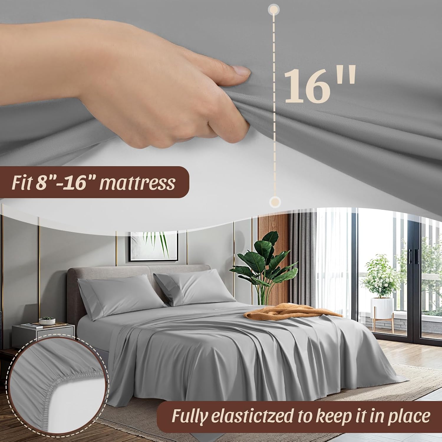 100% Cotton 1200 Thread Count Sheets Set Bedding Sets,Bed Sheet 4 Piece Sets,16 inches Deep Pocket (Grey, Queen)