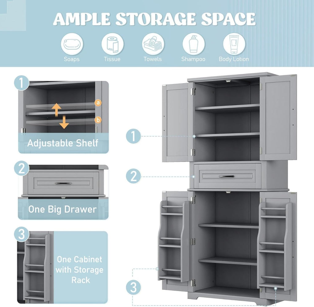 Tall Storage Cabinet with Adjustable Shelves, Large Drawer, and Door Storage Racks, 72' Kitchen Pantry Organizer with Magnetic Door Stopper and Metal Handles, Waterproof Finish for Home Use